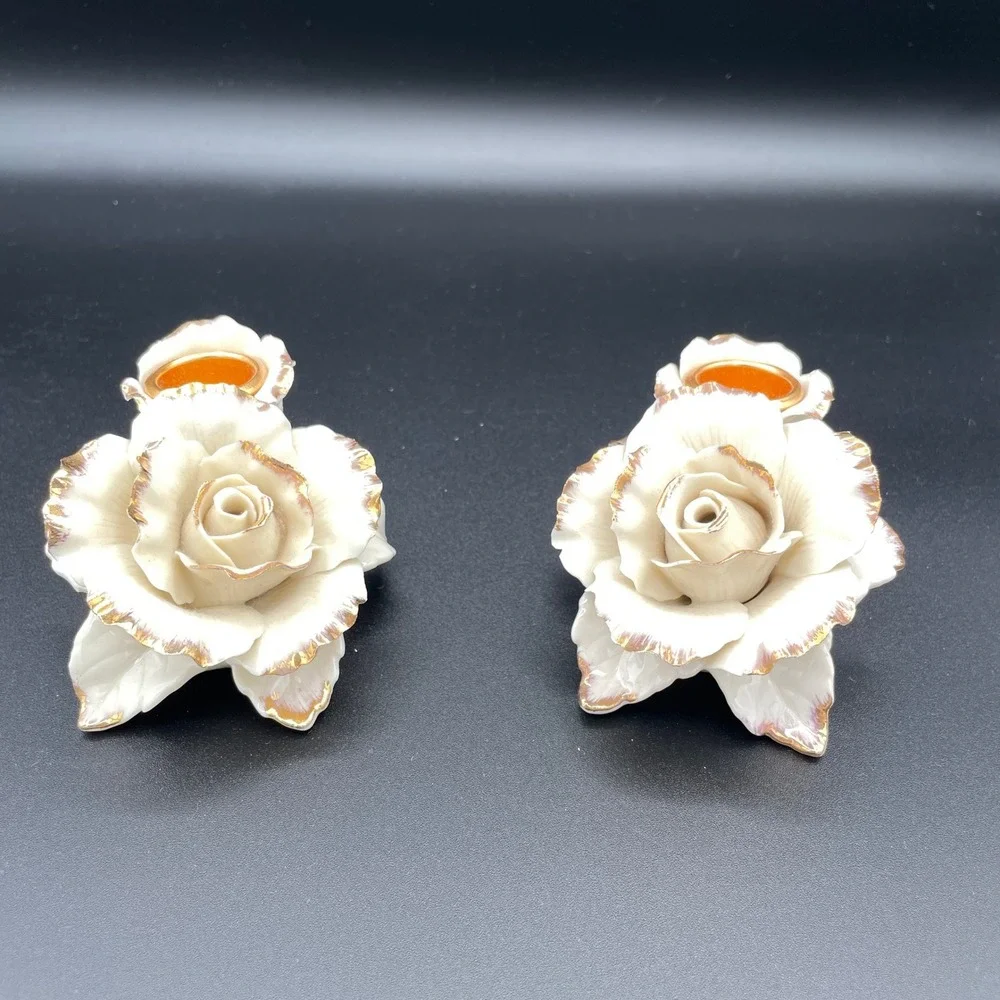 Avon Porcelain Unisex Adult OS Vintage Rose Candlestick Holders Set of 2